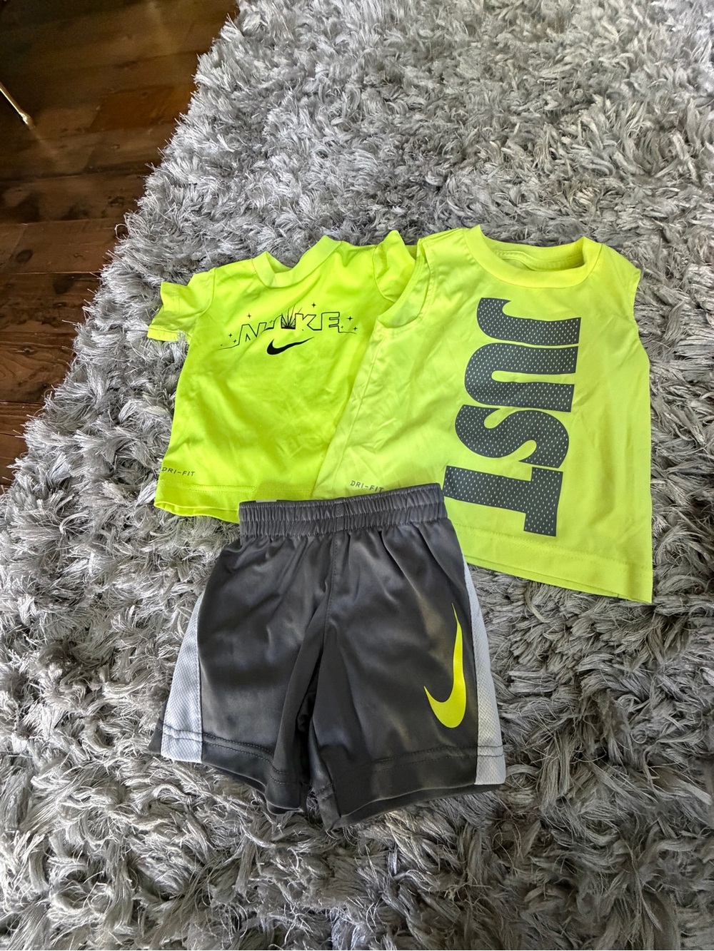 Nike Neon Yellow 3 piece Athletic Tank & Tee with Gray Shorts Set baby 2T